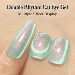 Double Rhythm application on nail tip showing glossy cat eye effect and finish