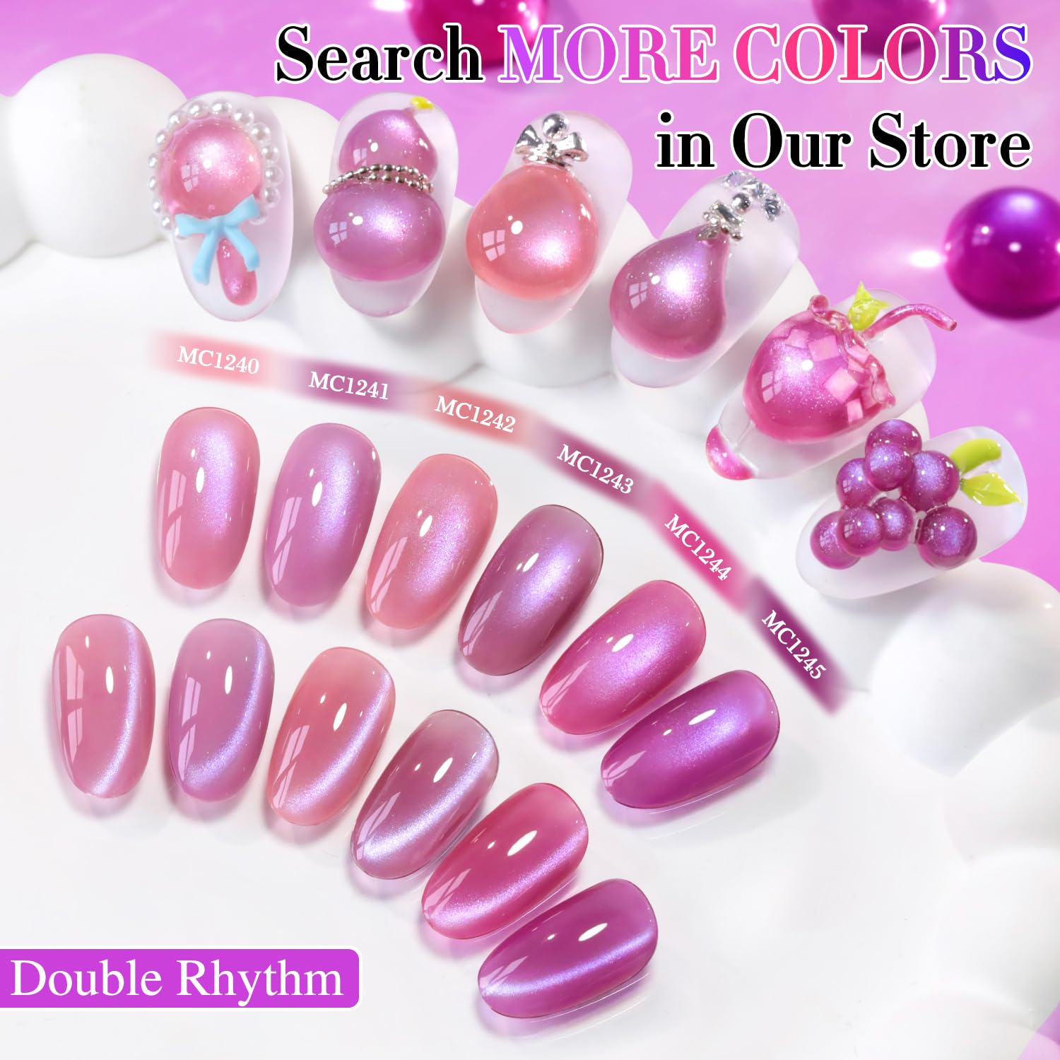 Side-by-side of nails before and after Double Rhythm application highlighting iridescent finish