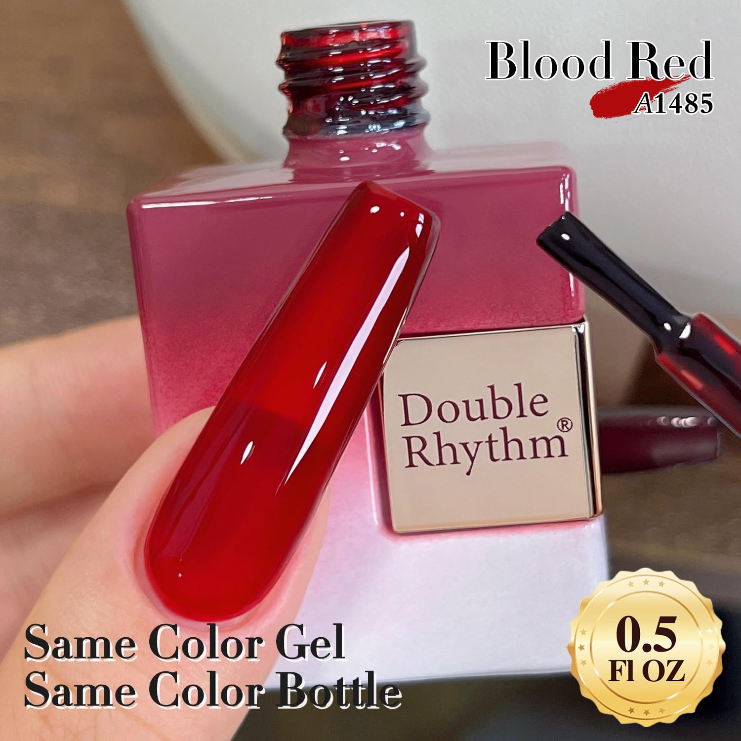 Double Rhythm bottle cap and label detail displaying shade code A1485