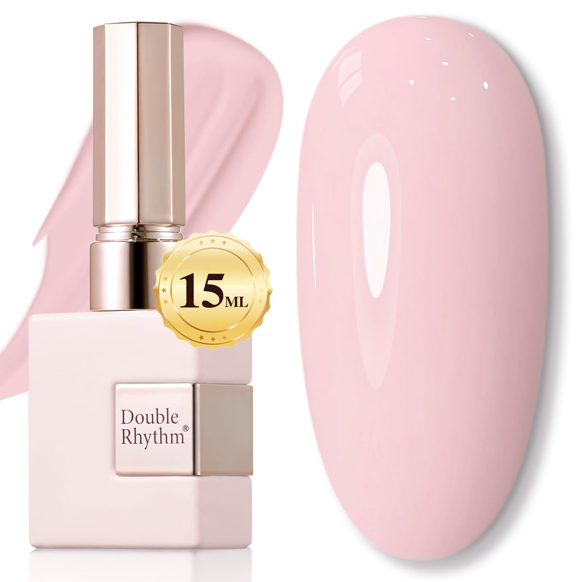 Double Rhythm bottle front view showing baby pink polish and brand clarity for consistent color