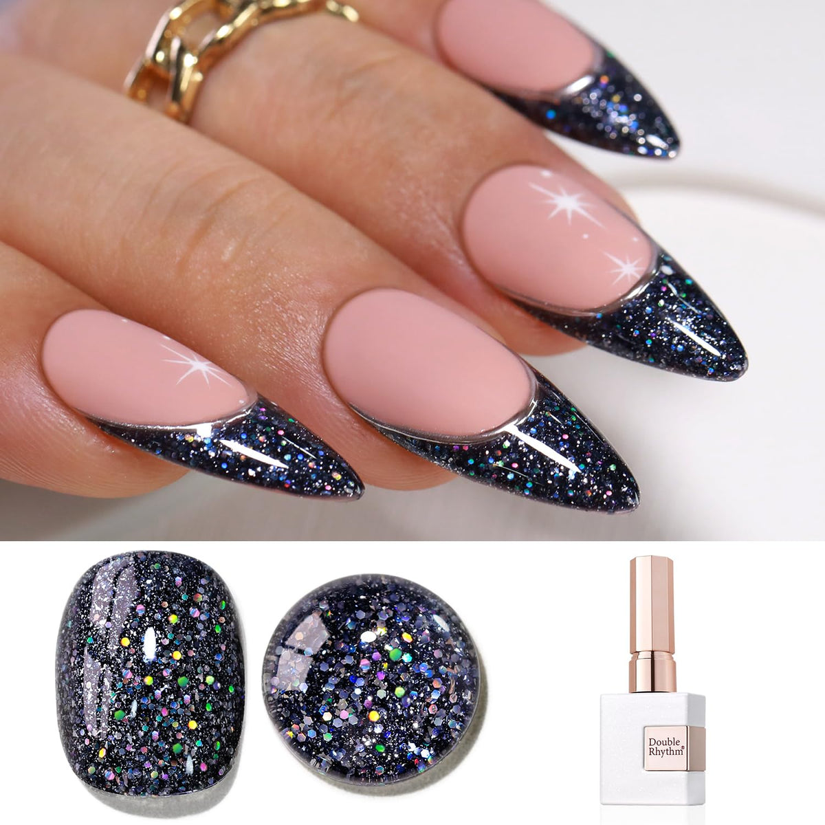 Double Rhythm bottle front showing black iridescent polish and glossy benefit