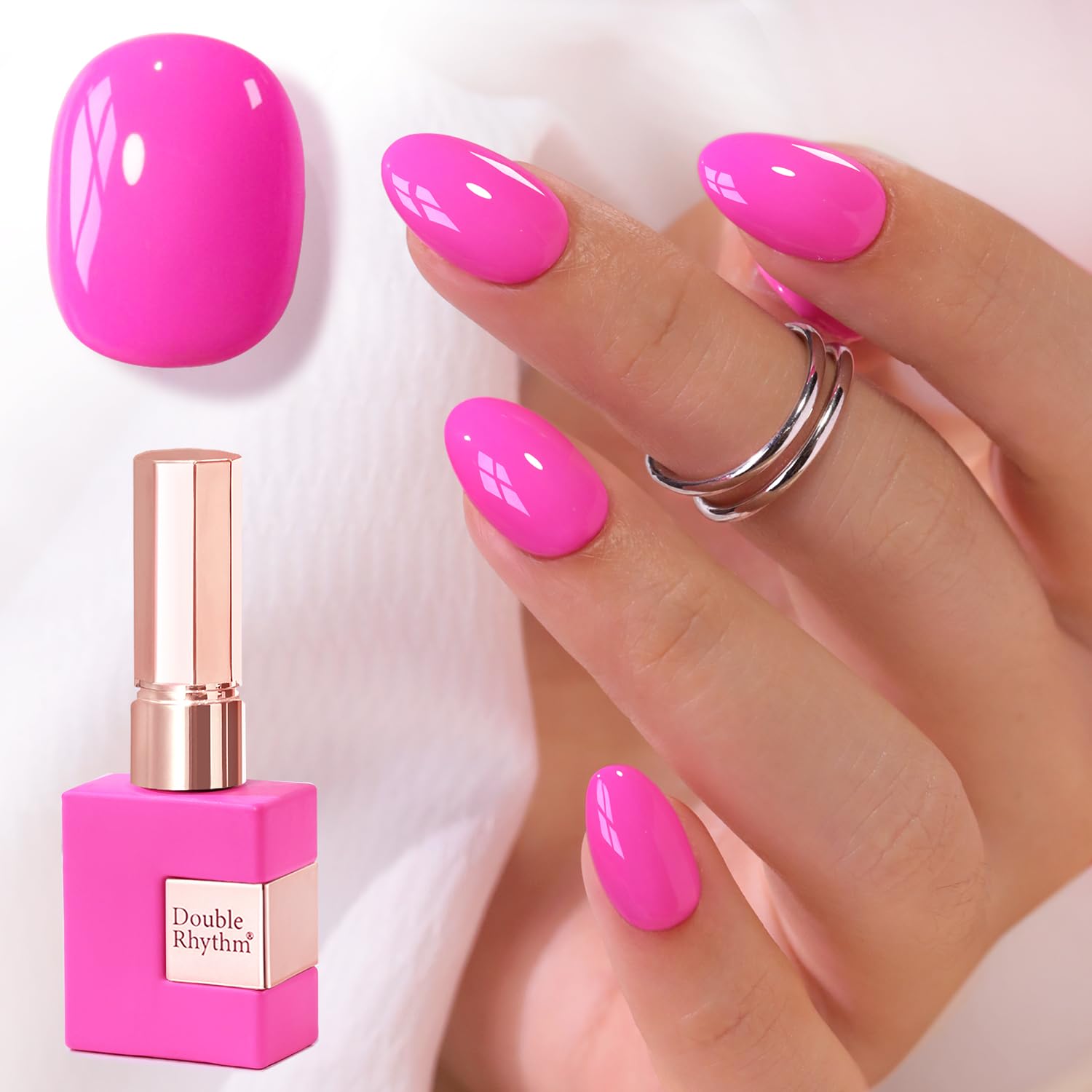 Double Rhythm bottle front showing bright pink shade and glossy finish benefit
