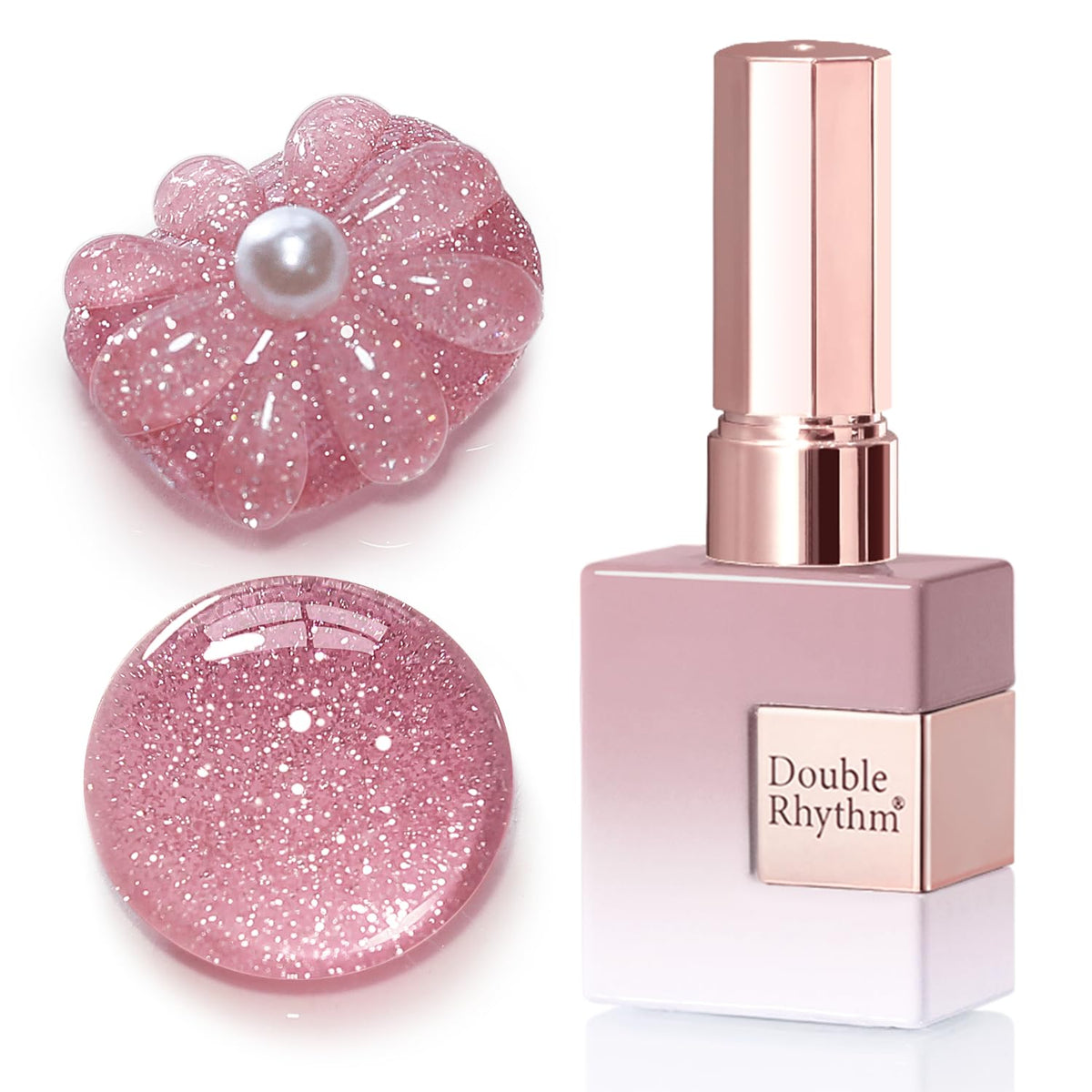 Double Rhythm bottle front showing light pink glitter polish and clear branding benefit salon-ready shade