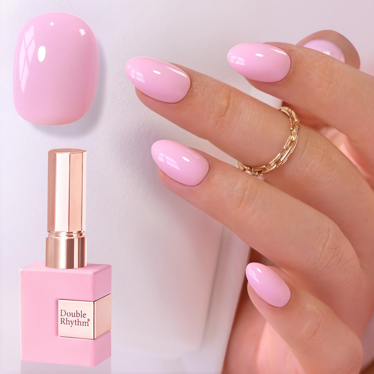 Double Rhythm bottle front showing pale pink milky finish and easy application benefit