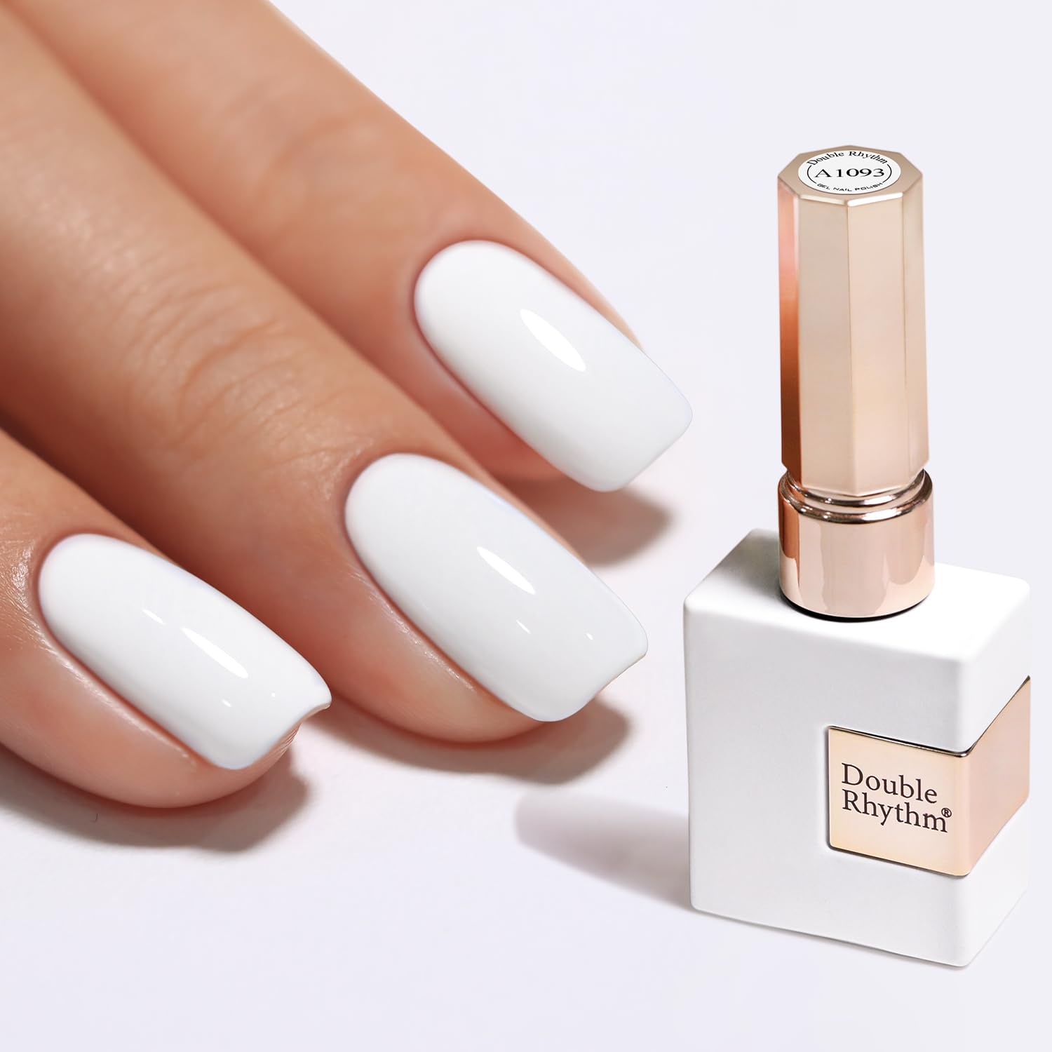 Double Rhythm bottle front showing pure sheer white, delivers salon gloss