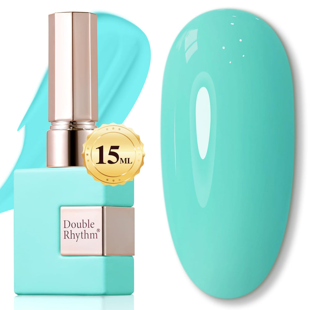 Double Rhythm bottle front showing sea blue color and clear label for easy identification