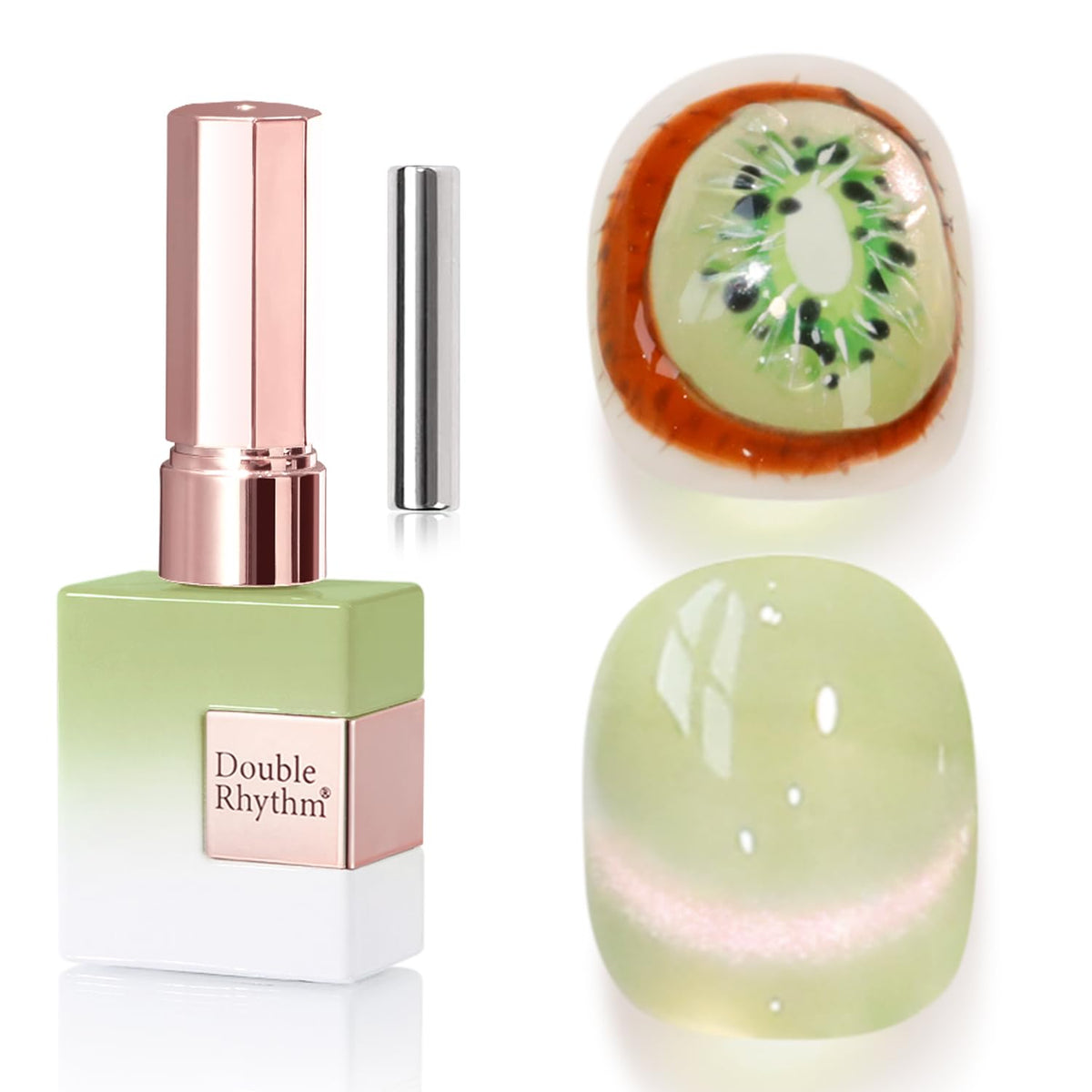 Double Rhythm bottle front view showing green holographic gel and compact size