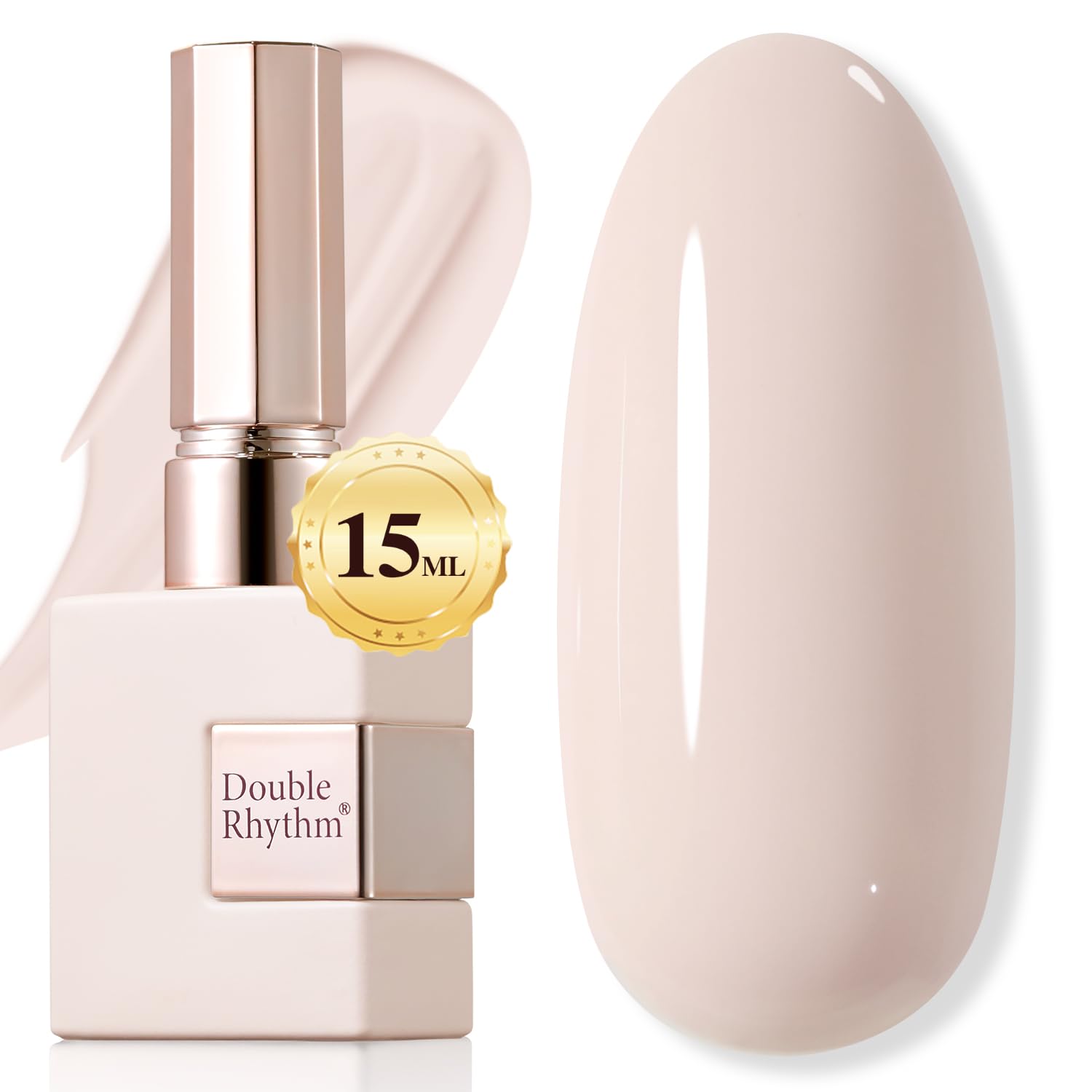Double Rhythm bottle front showing sheer beige-pink shade and glossy finish