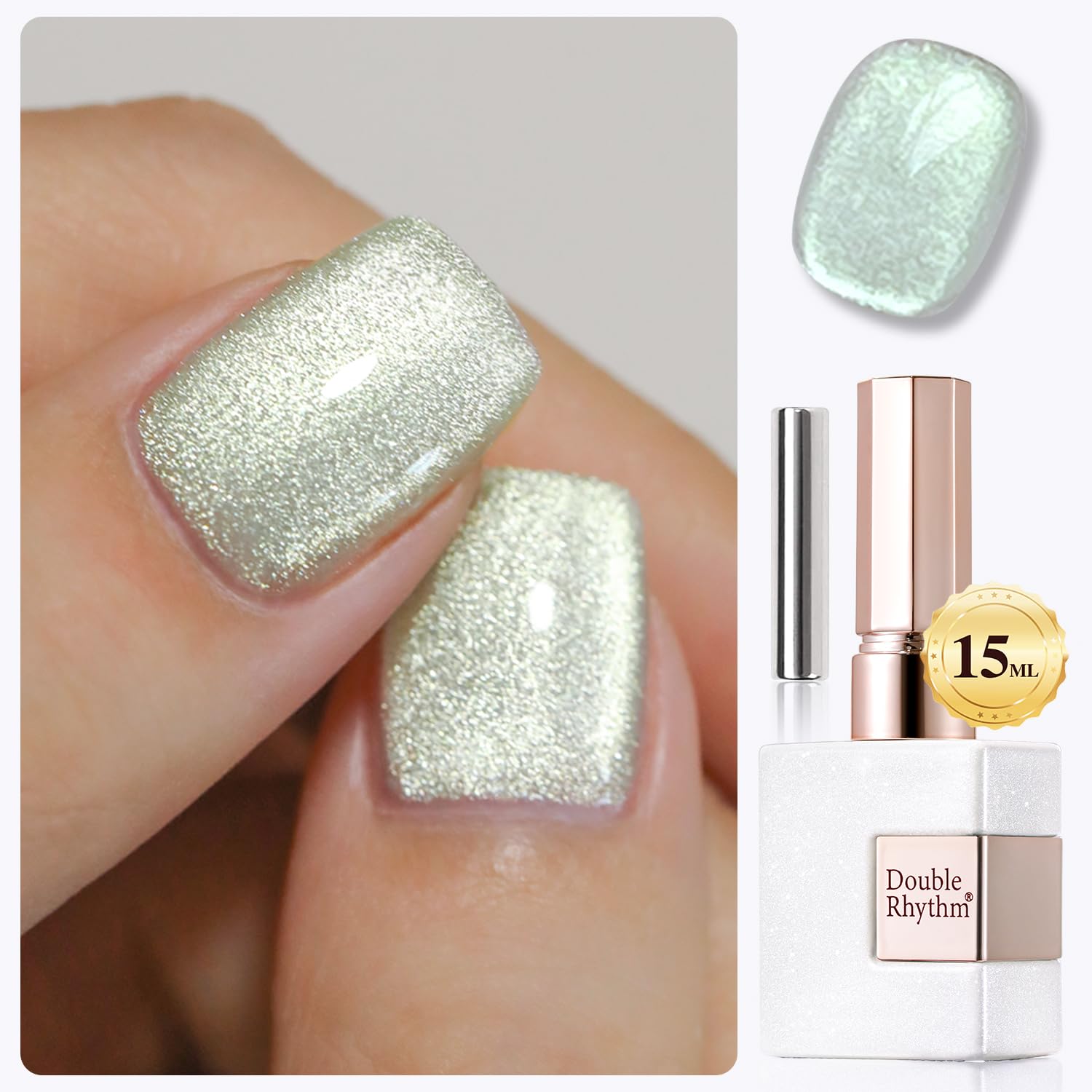 Double Rhythm bottle front showing green holographic gel and label for easy identification and benefit