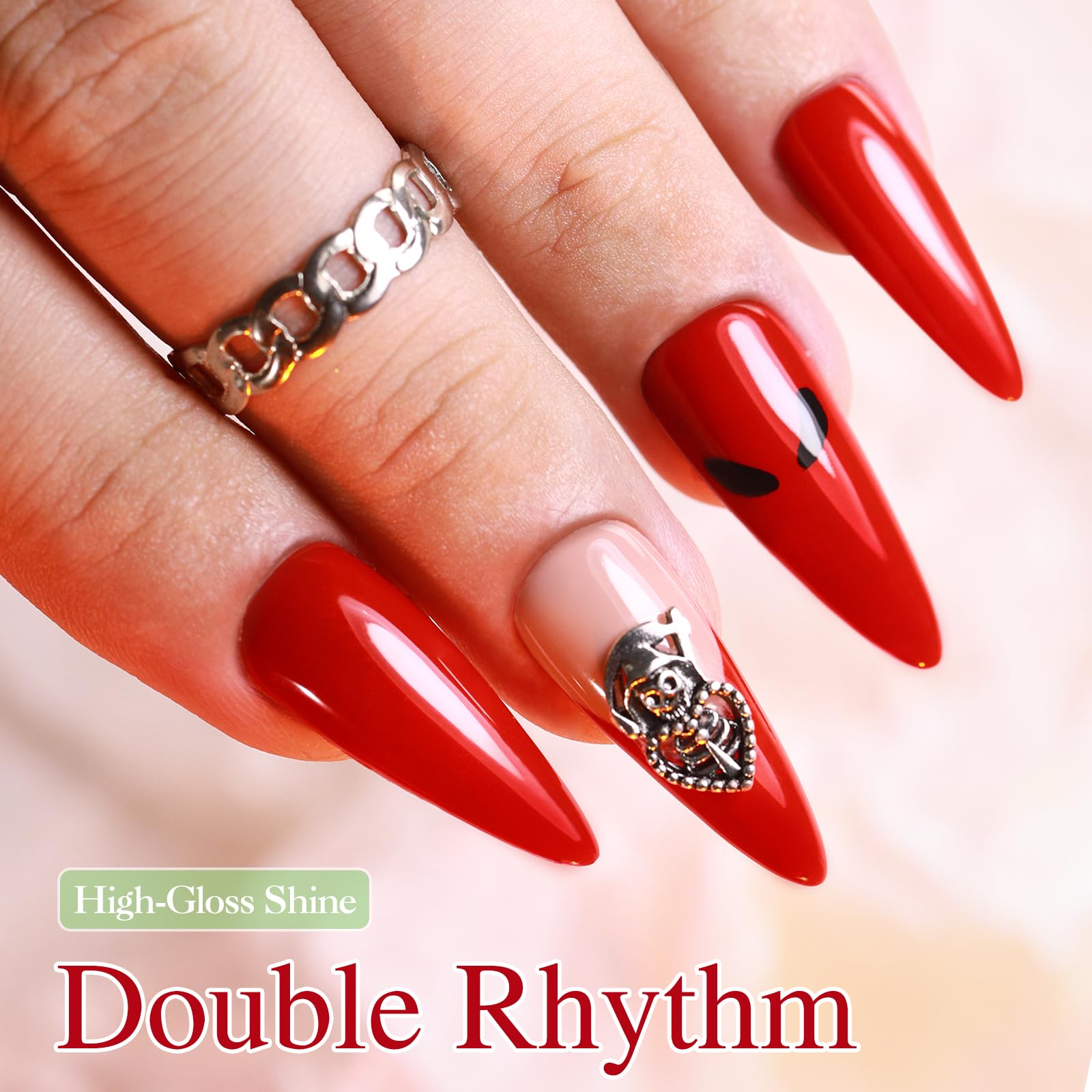 Double Rhythm brick red applied on natural nails showing salon-level glossy finish