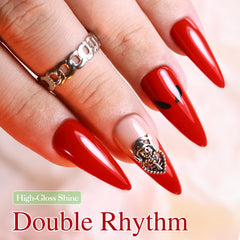 Double Rhythm brick red applied on natural nails showing salon-level glossy finish
