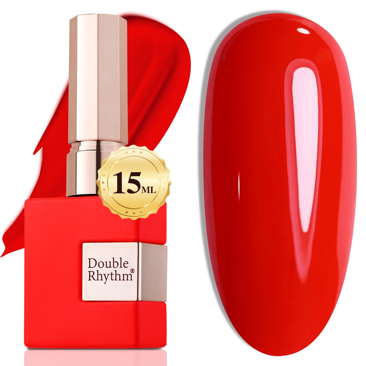 Double Rhythm bottle front view showing vibrant red and glossy finish benefit