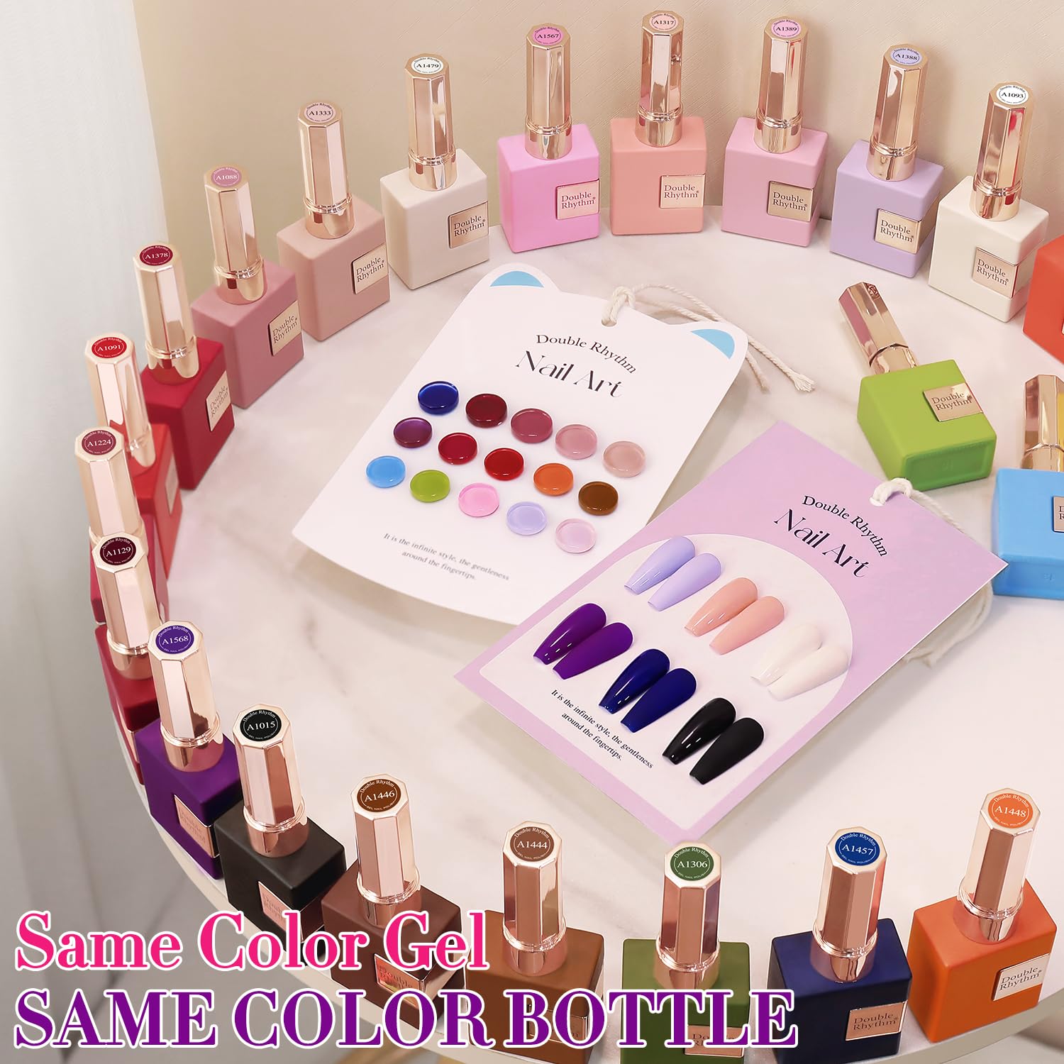 Double Rhythm base, builder and top gel bottles grouped, highlighting structure and finish benefits