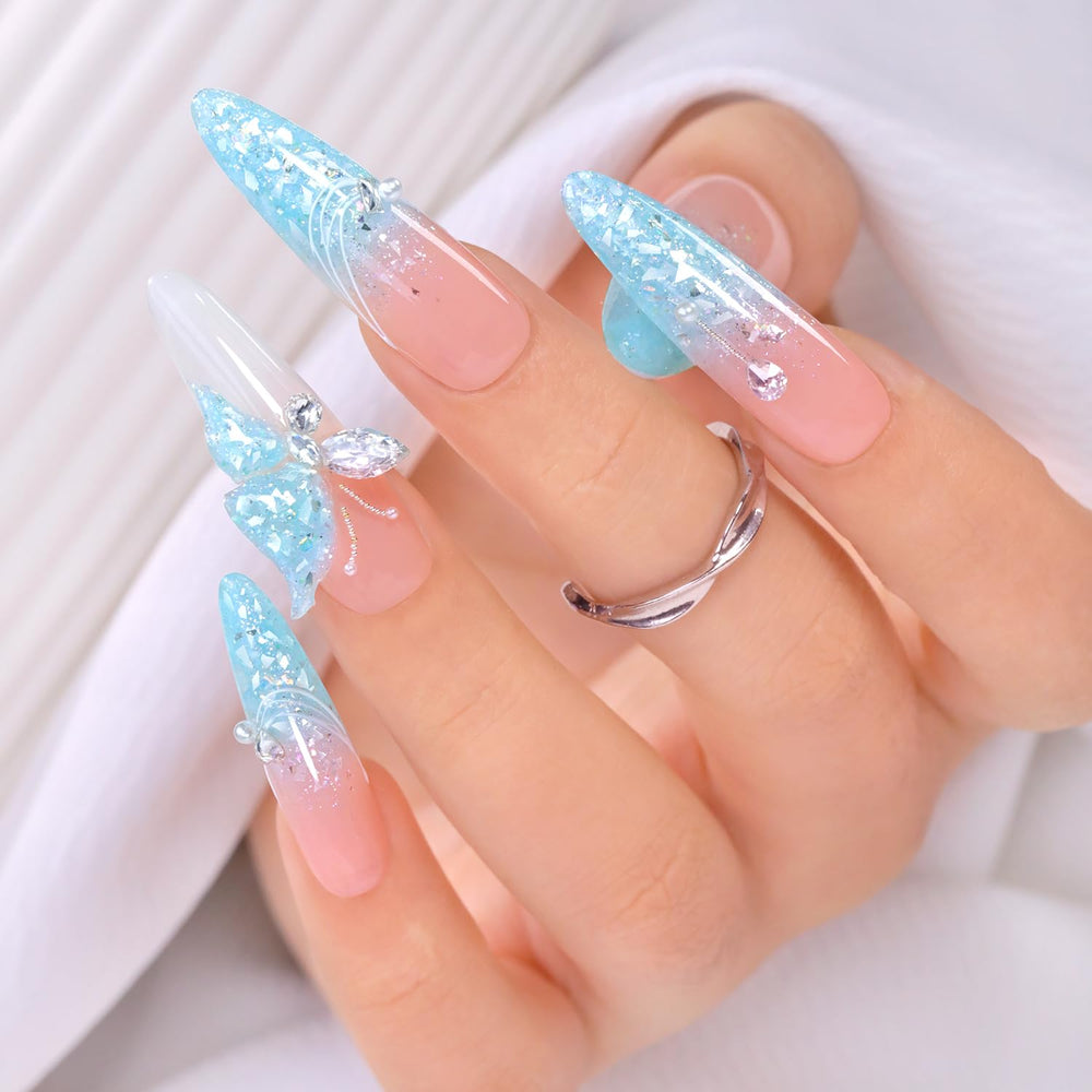 Double Rhythm Candy Blue front bottle showing vibrant glitter polish and easy-to-hold cap benefit
