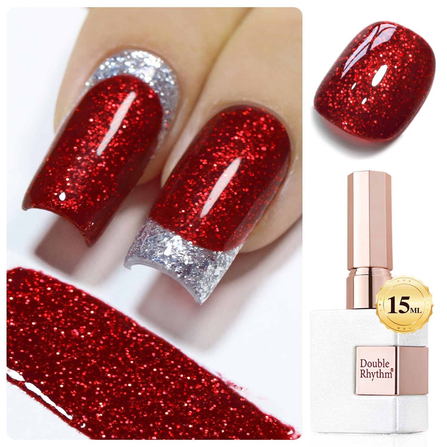 Double Rhythm bottle front view showing cherry red holographic polish benefit vivid color