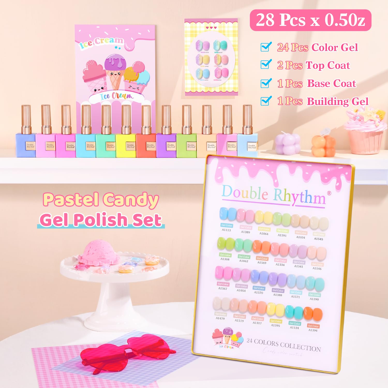 Double Rhythm arranged 24 pastel colors flat-lay displaying shade variety for creative looks