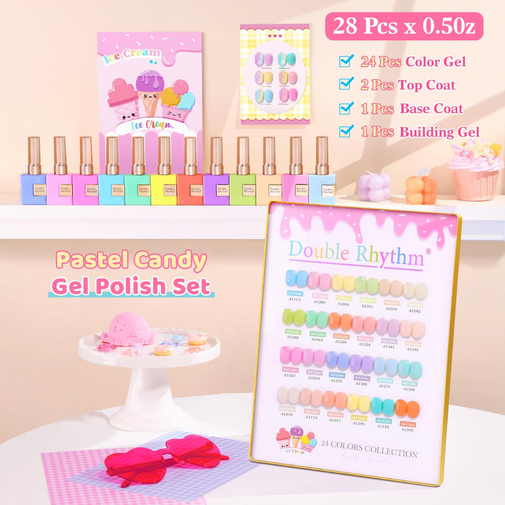 Double Rhythm arranged 24 pastel colors flat-lay displaying shade variety for creative looks