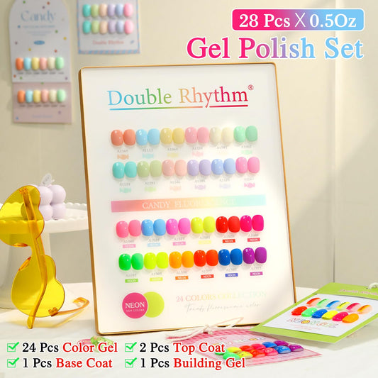 Double Rhythm color swatch display of 24 neon gel shades to visualize vibrant manicure options
