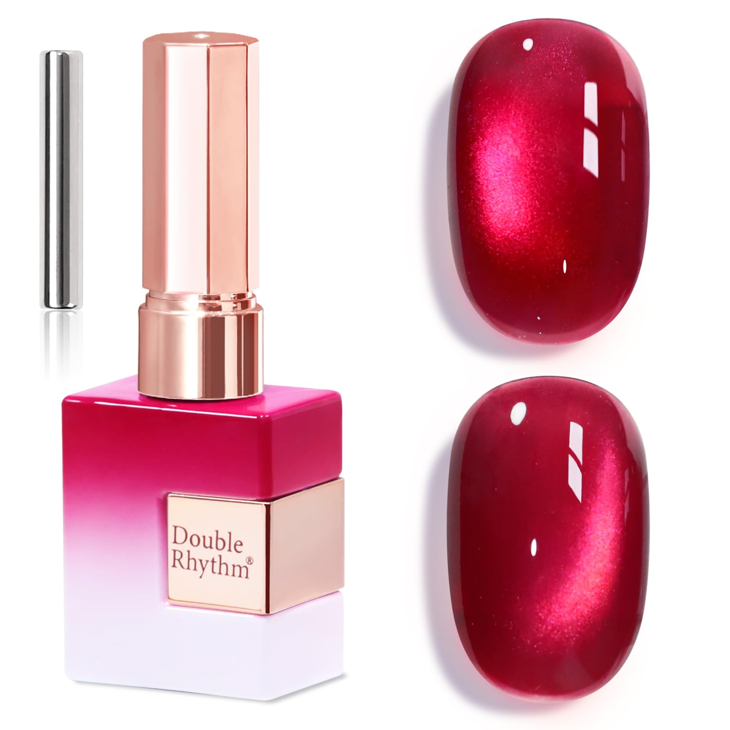 Double Rhythm bottle close-up shows crimson shimmer and magnetic cat-eye benefit
