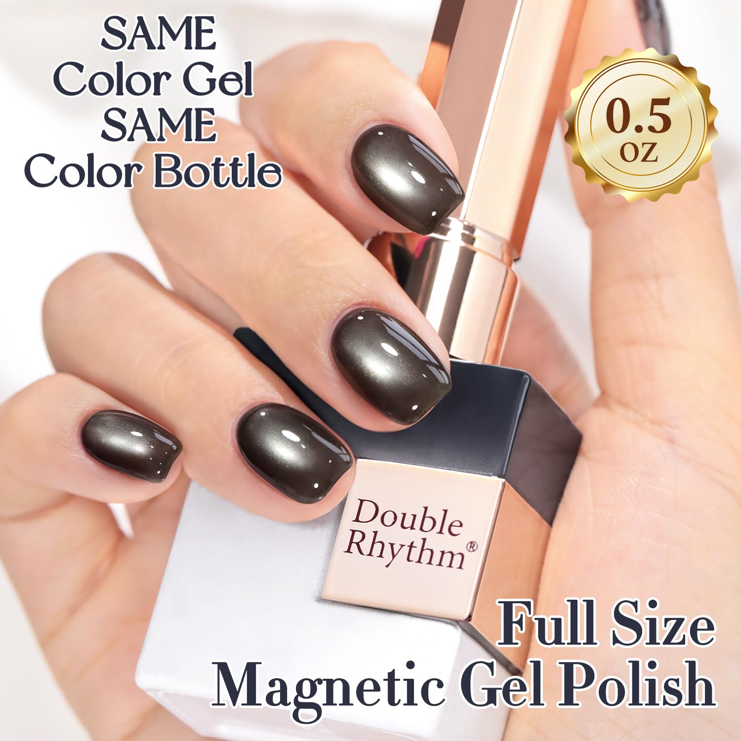 Double Rhythm polish applied on model nails showing magnetic cat eye effect