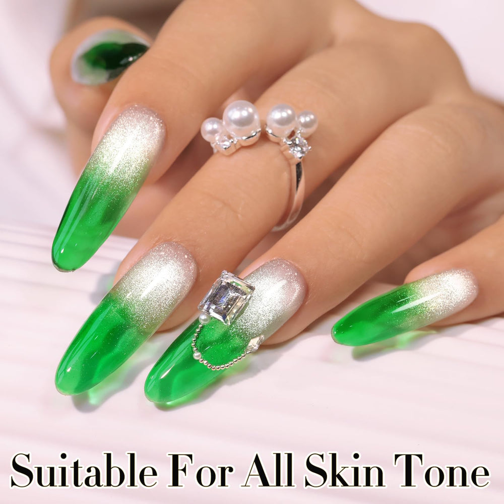 Three-layer nails showing layering effect of Double Rhythm Crystal Green for depth
