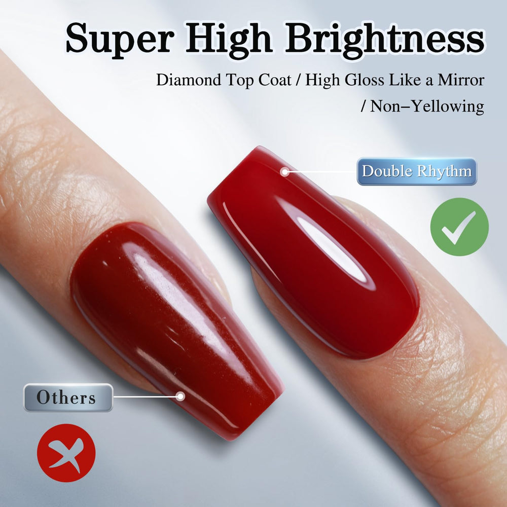 Close-up of a cured nail with Double Rhythm top coat highlighting long-lasting glossy protection