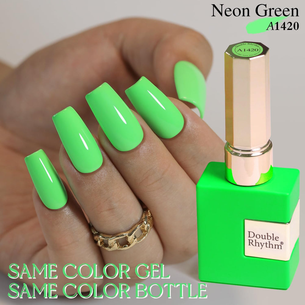 Double Rhythm cured nail closeup displaying bright neon green shine benefit