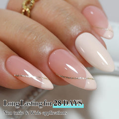 Double Rhythm cured nails on hand showing耐 high-gloss natural manicure