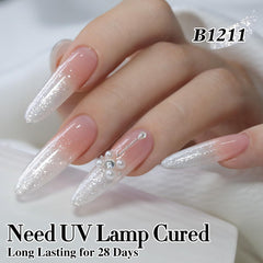 Double Rhythm cured nails under LED lamp showing high gloss durable shine