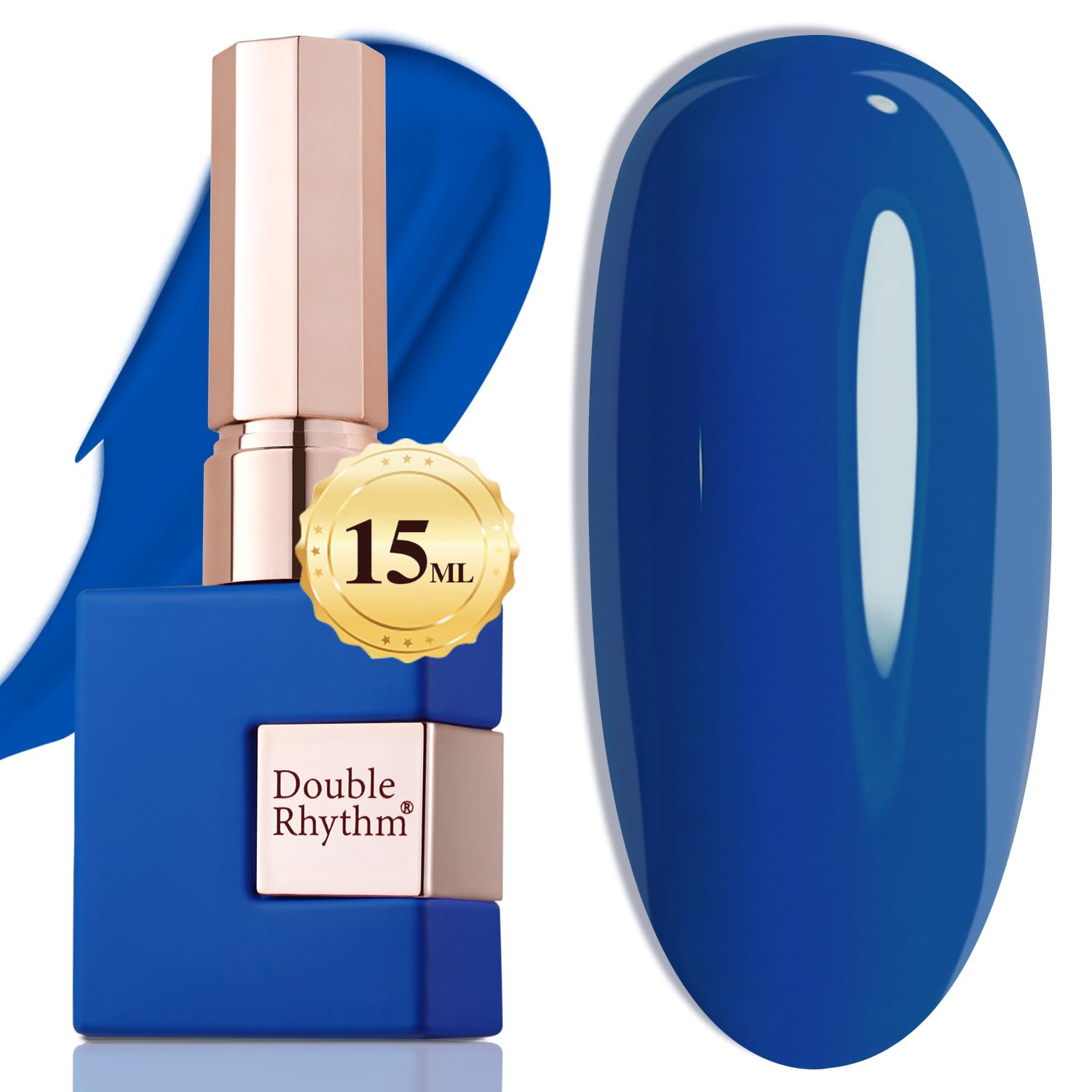 Double Rhythm bottle front view showing dark blue color and glossy finish benefit