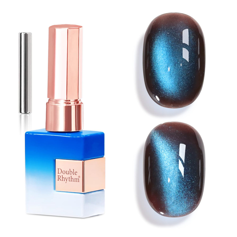 Double Rhythm dark navy blue bottle front view showing holographic shimmer benefit