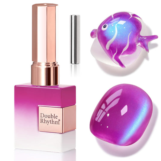 Double Rhythm front bottle showing dark navy holographic polish benefit: eye-catching shimmer