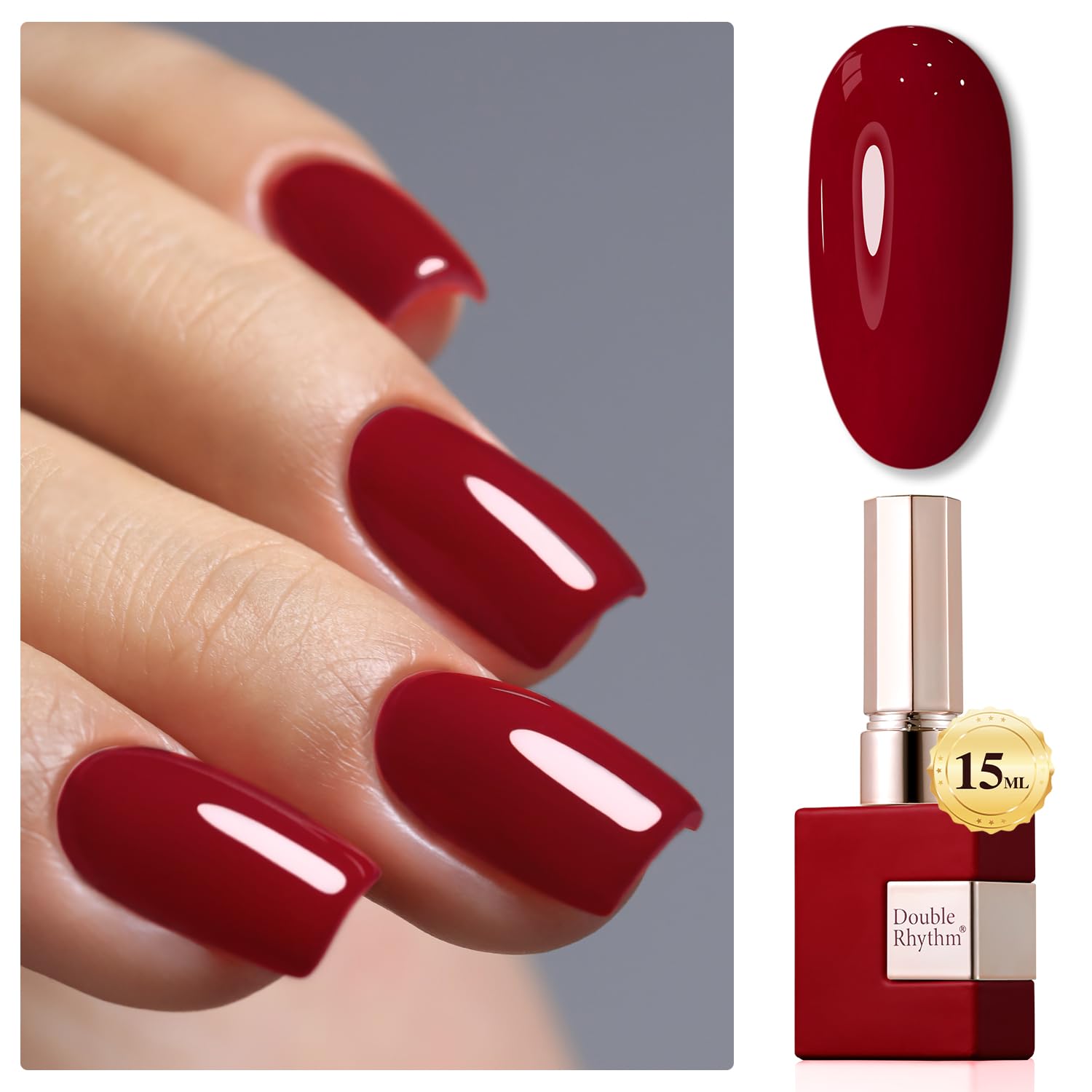 Double Rhythm bottle front view showing dark red shade and salon finish benefit
