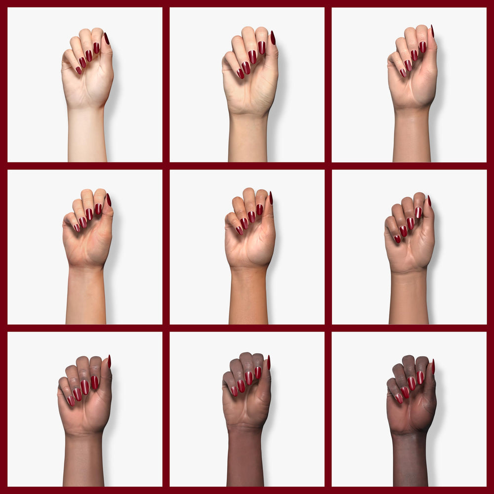 Double Rhythm on fingernails hand swatch showing glossy look and long-lasting color
