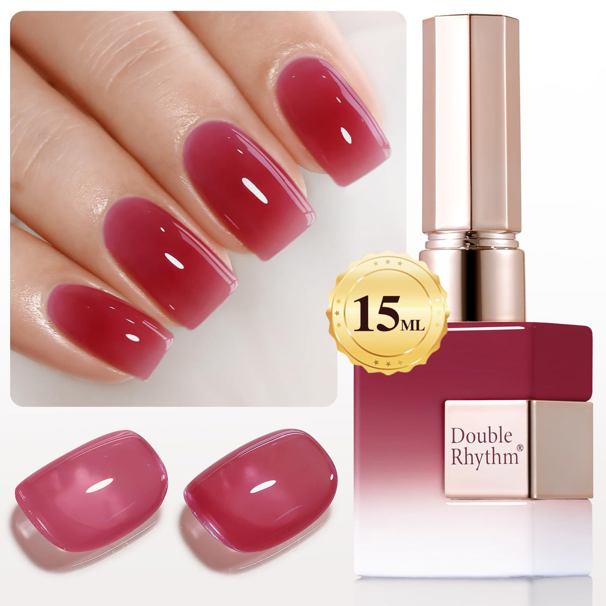 Double Rhythm front bottle view showing dark rose red shade and quick selection benefit