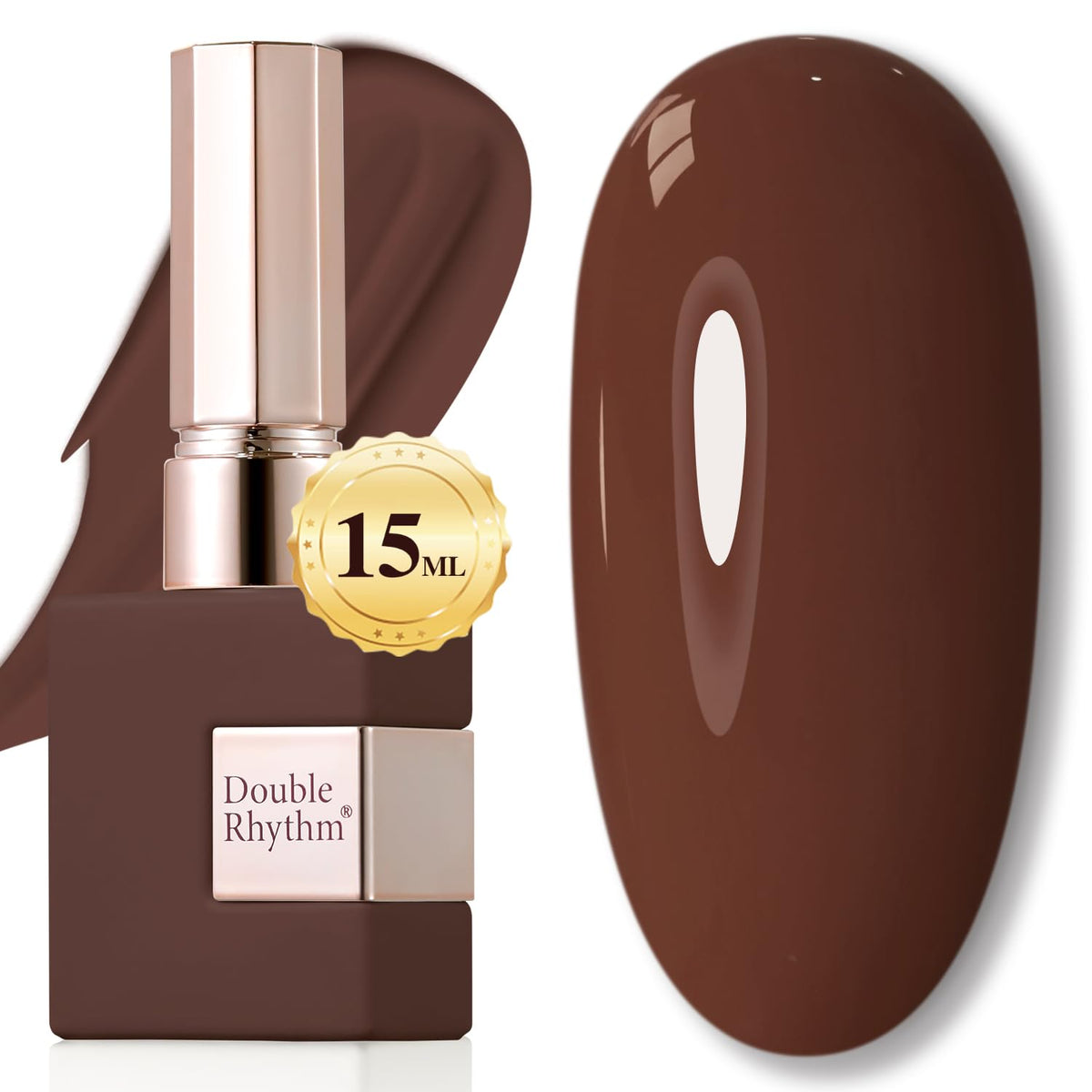 Double Rhythm bottle front view showing deep brown color and glossy finish benefit