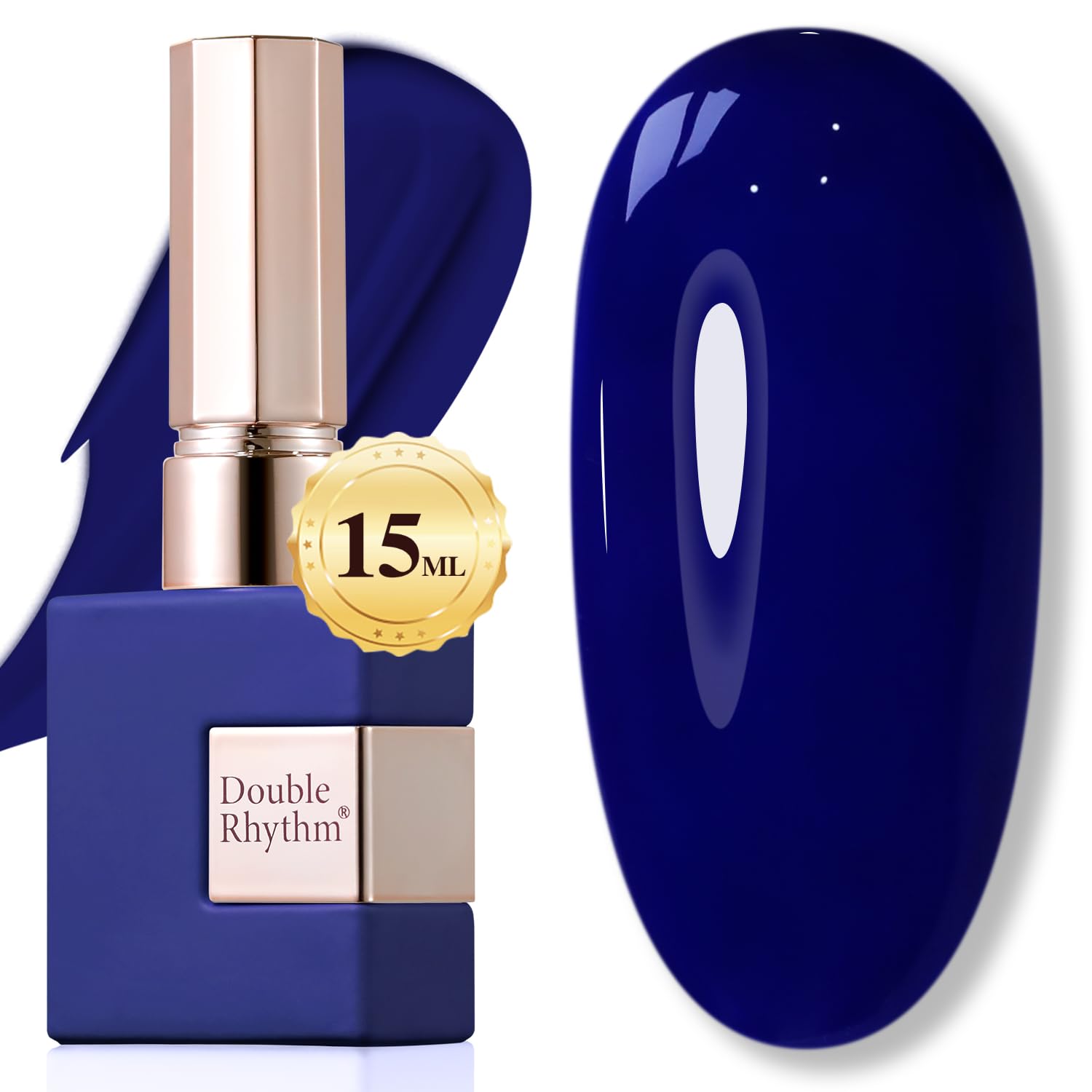 Double Rhythm front bottle showing deep navy color and glossy finish benefit