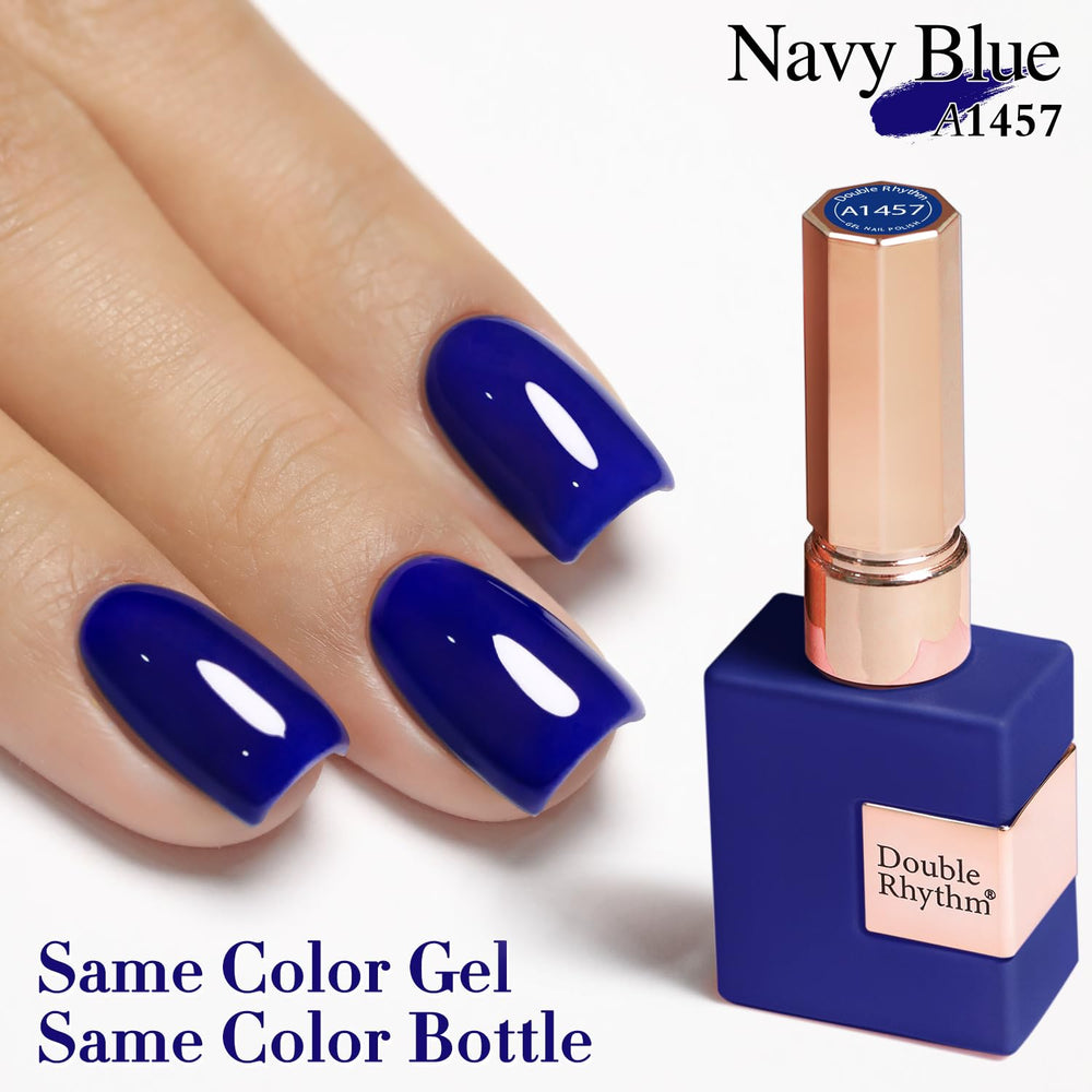 Double Rhythm manicured hands showing salon-quality deep navy finish and shine benefit