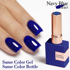 Double Rhythm manicured hands showing salon-quality deep navy finish and shine benefit