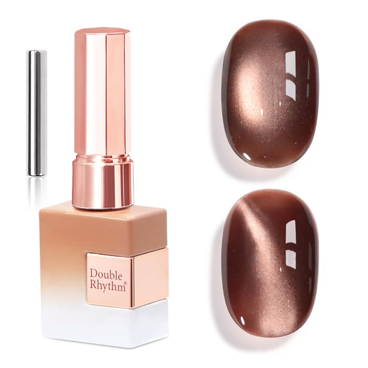 Double Rhythm bottle front view showing earthy coffee shade and holographic shimmer for versatile looks