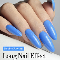 Double Rhythm swatch on nail tip showing true sheer blue shade and color preview benefit
