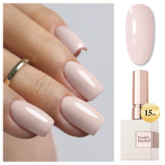 Double Rhythm front bottle view shows 15ml polish and clear shade benefits