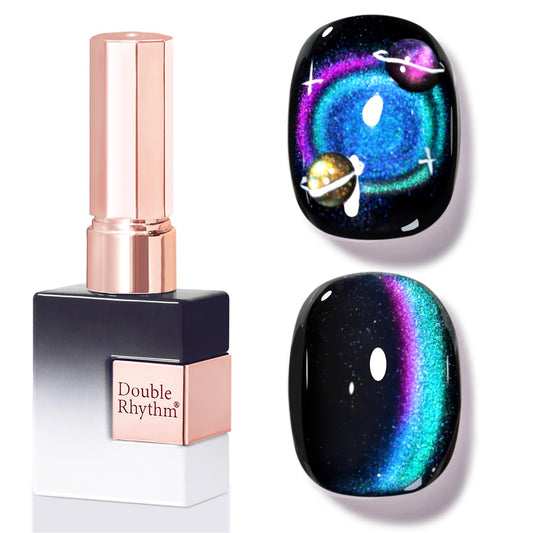 Double Rhythm bottle front view showing blue-purple cat eye gel and magnet, salon-quality finish