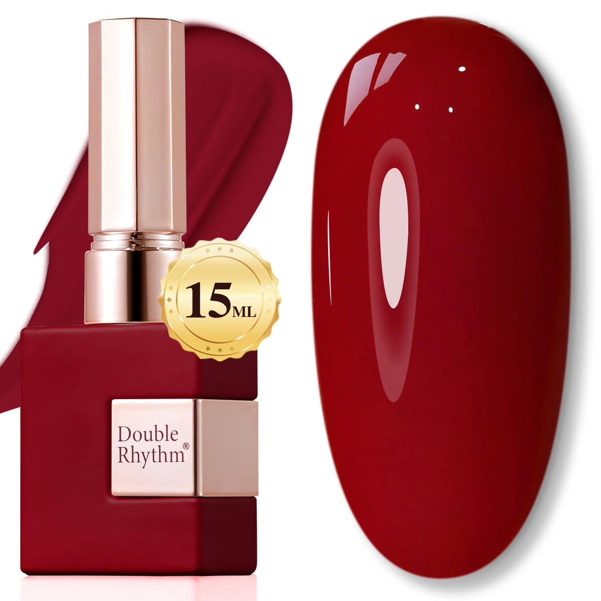 Double Rhythm bottle front view showing cherry red shade and clear label for easy selection