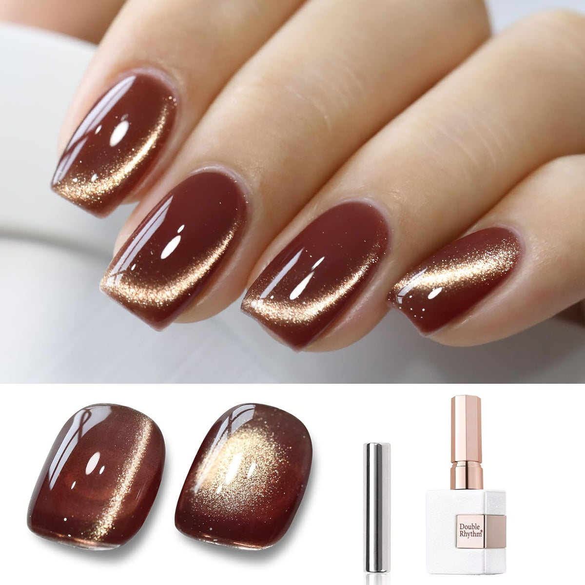 Double Rhythm front bottle showing coffee brown shade and benefit of vivid shimmer