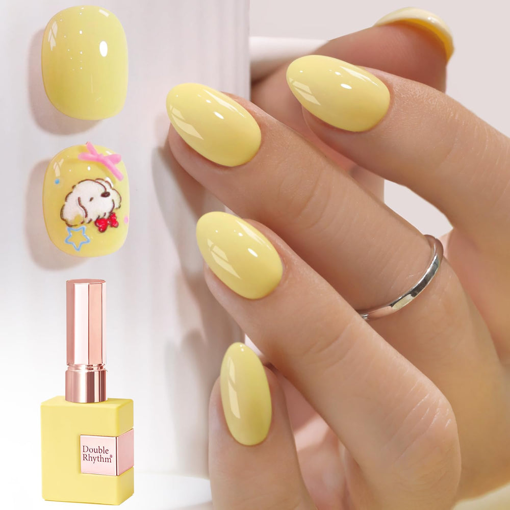 Double Rhythm bottle front view showing cream yellow A1064 and glossy finish benefit
