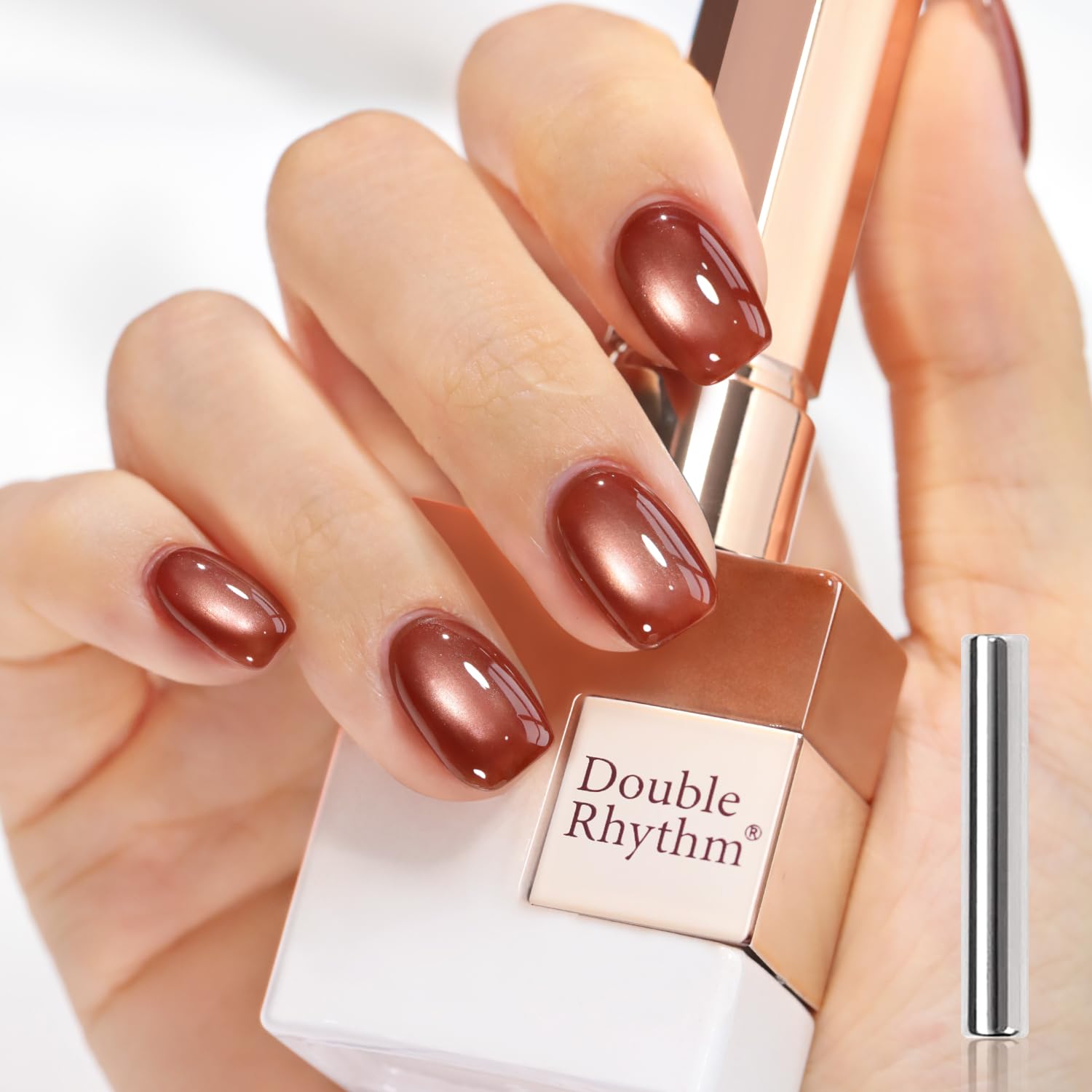 Double Rhythm front bottle and magnet showing packaging and polish benefit gloss
