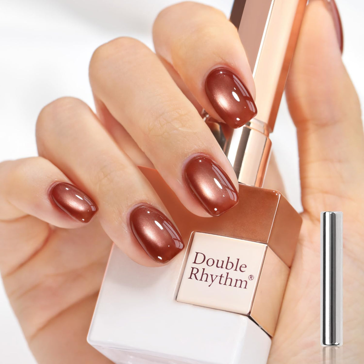 Double Rhythm front bottle and magnet showing packaging and polish benefit gloss
