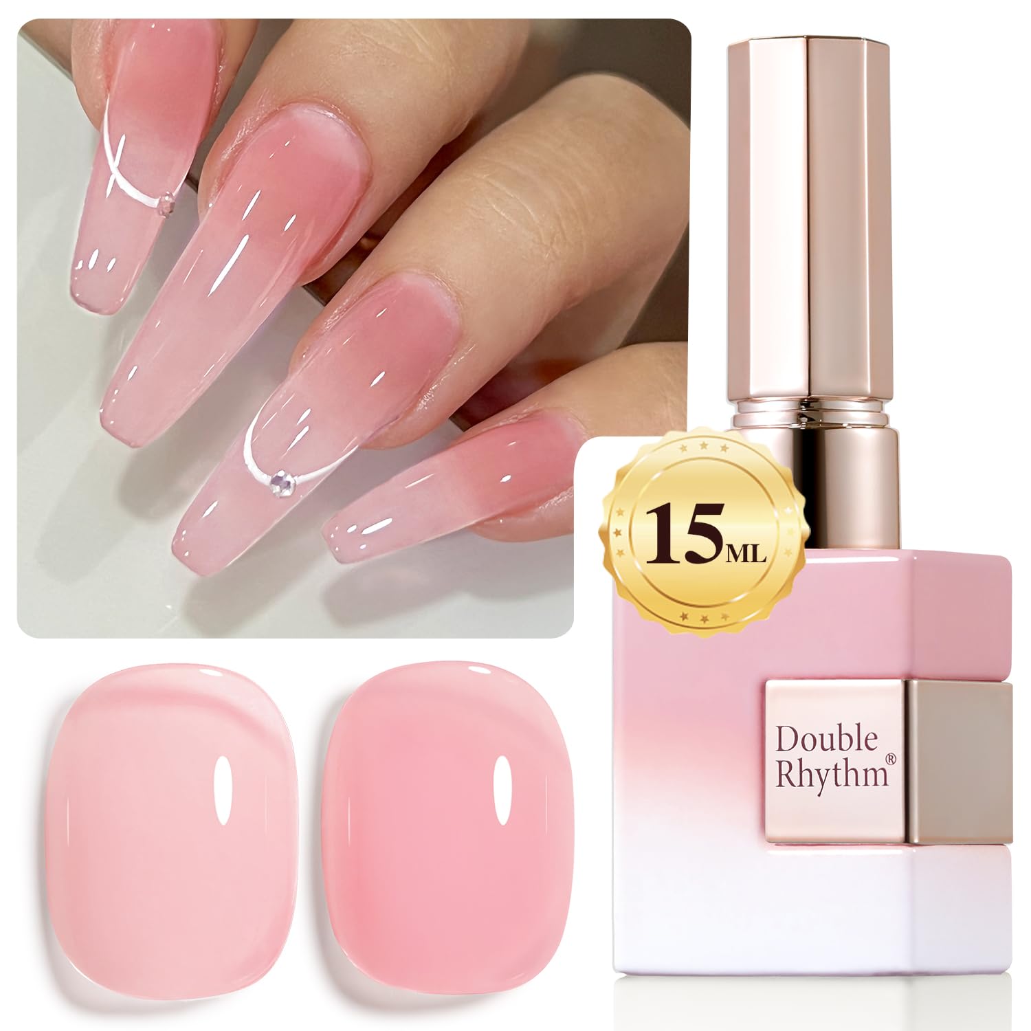 Double Rhythm front bottle milky pink showing translucent finish and glossy benefit