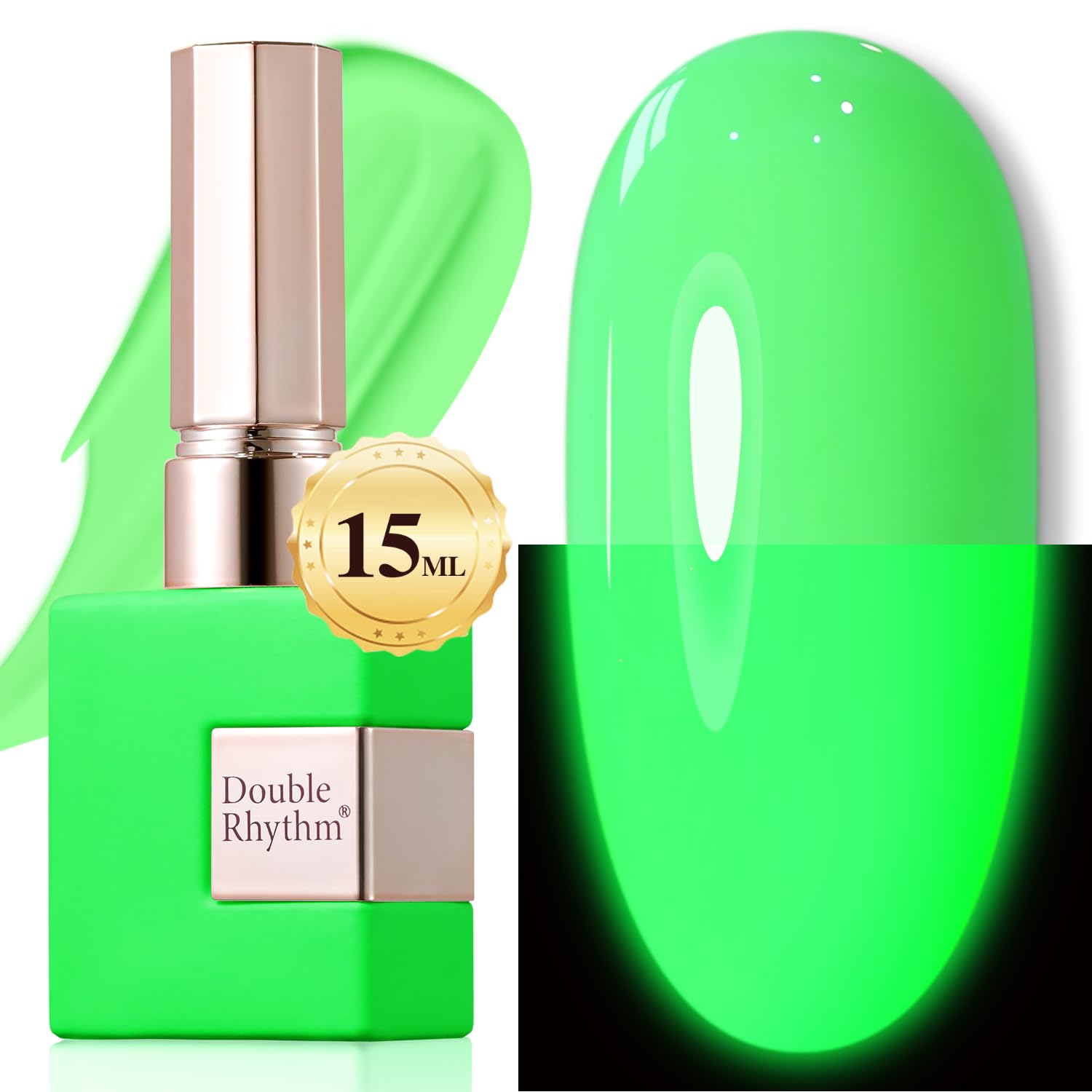 Double Rhythm bottle front view showing neon light green shade and glossy finish benefit